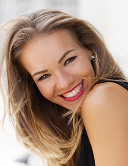 Closeup of woman with veneers in Marshall smiling