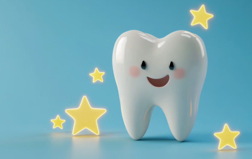 3D graphic of a happy cartoon tooth surrounded by stars